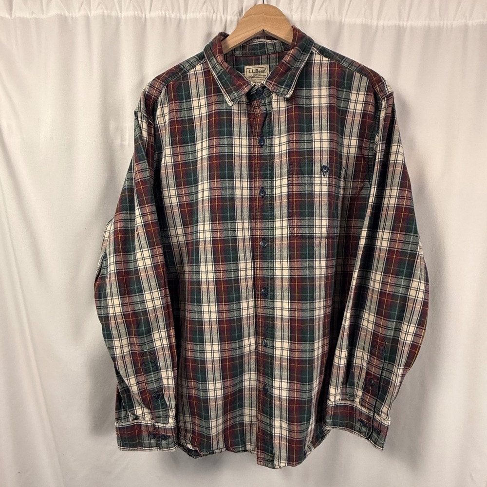 LL Bean Mens L‎ Cotton Canvas Twill Oxford Plaid Tartan Long Sleeve Button Shirt